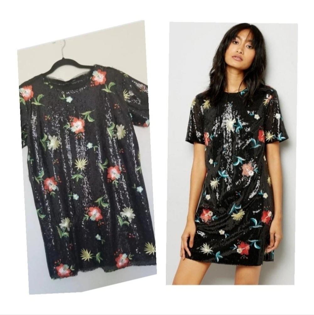 ZARA Black Shift Dress Sequin & Embroidered Flowers Short Sleeve Party Sz M NWT